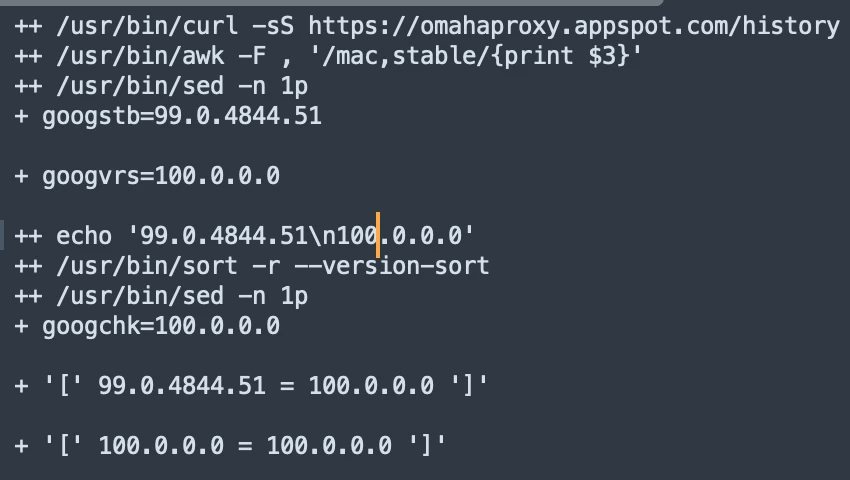This is the output of stepping through the script using set -x…